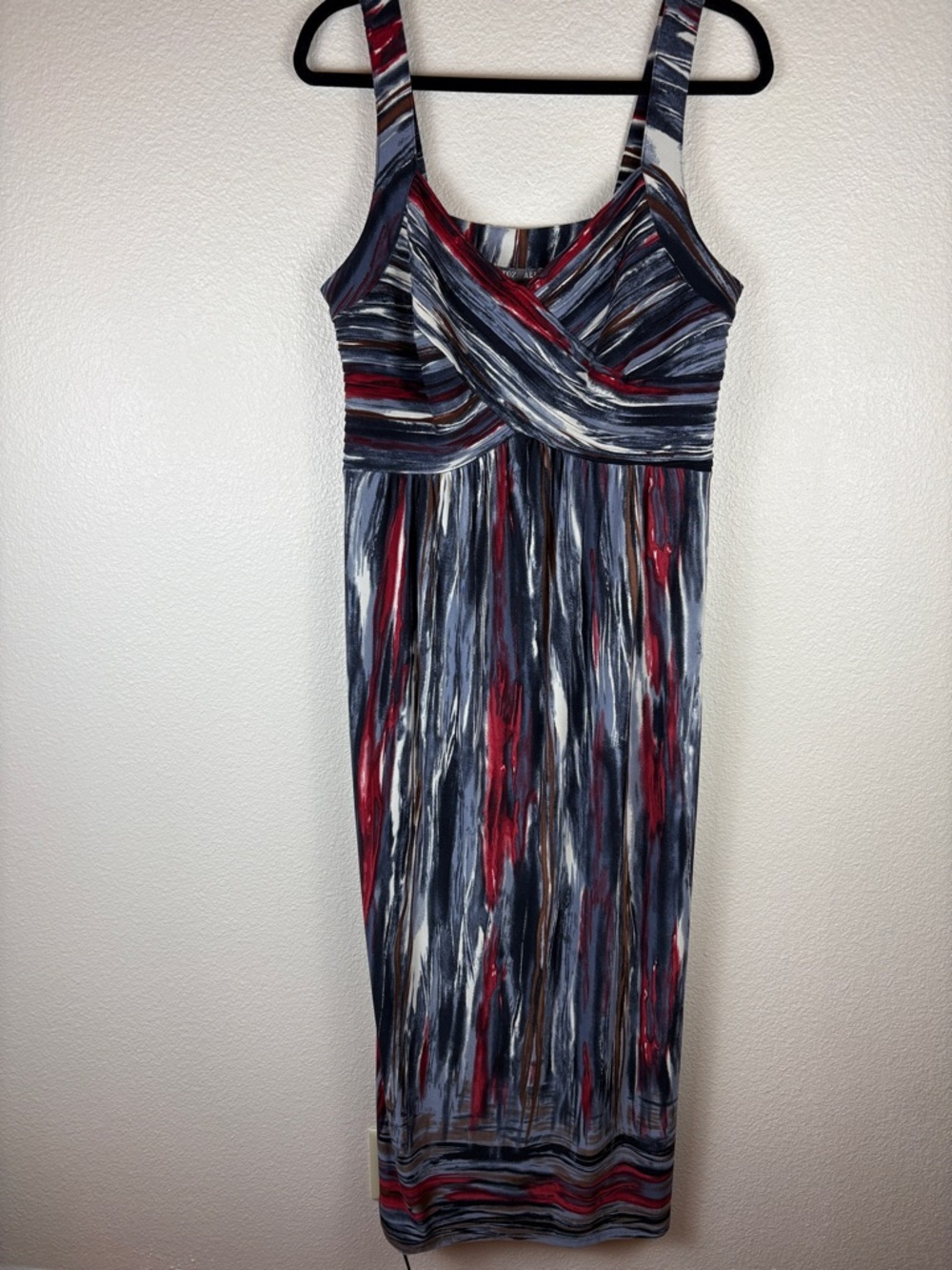 Roz & Ali Sleeveless Maxi Dress Black Red Gray White Brushstroke Knit Print 14W